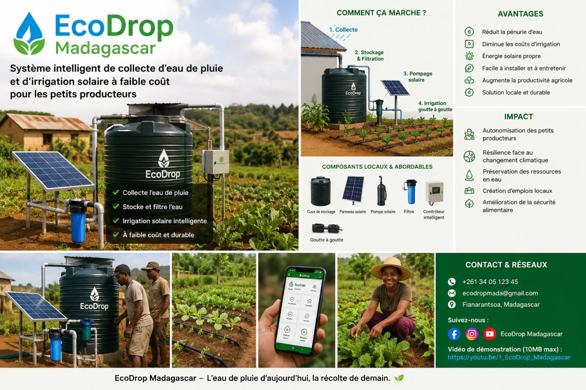 EcoDrop Madagascar : Système intelligent de collecte d'eau de pluie et d'irrigation solaire à faible coût pour les petit