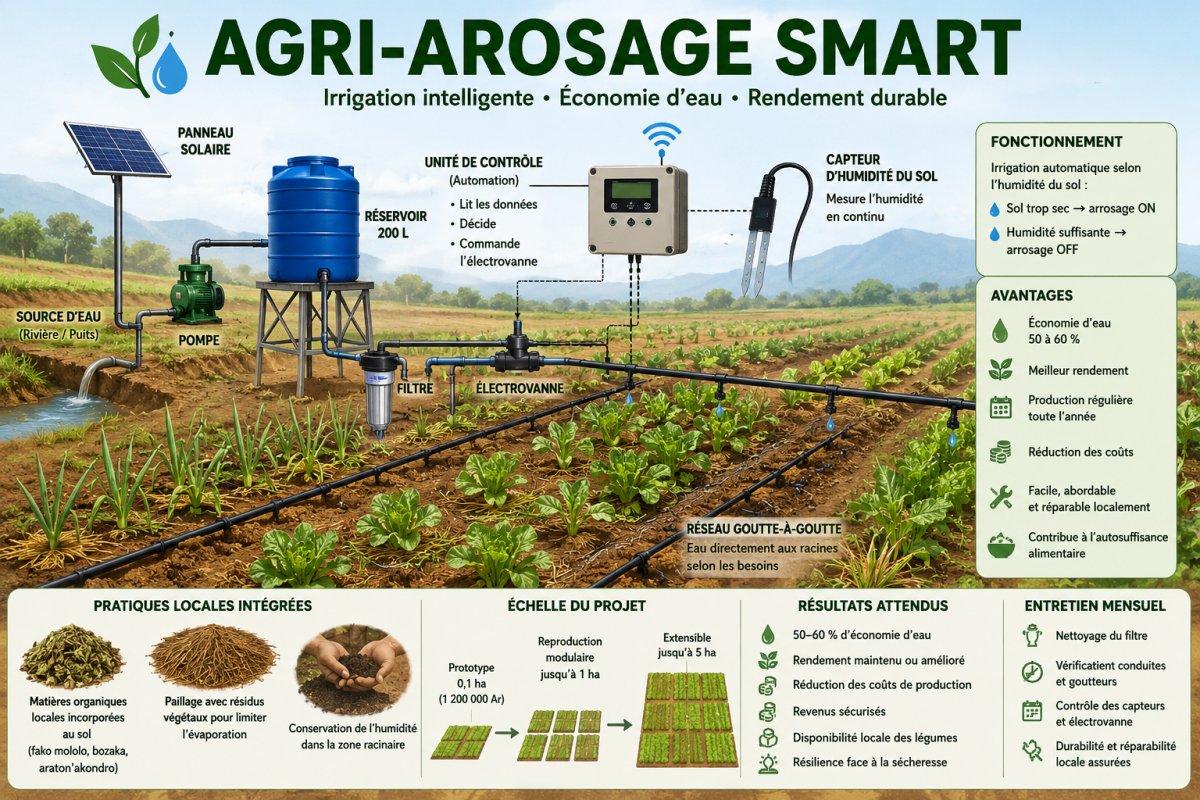 Irrigation automatique selon l’humidité du sol, économisant l’eau et améliorant les rendements des cultures maraîchères.